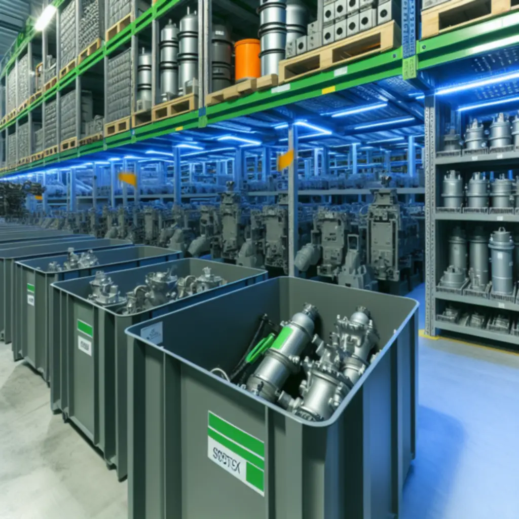 Oryginalne części zamienne do koparek i ładowarek wyświetlone na stojakach magazynowych