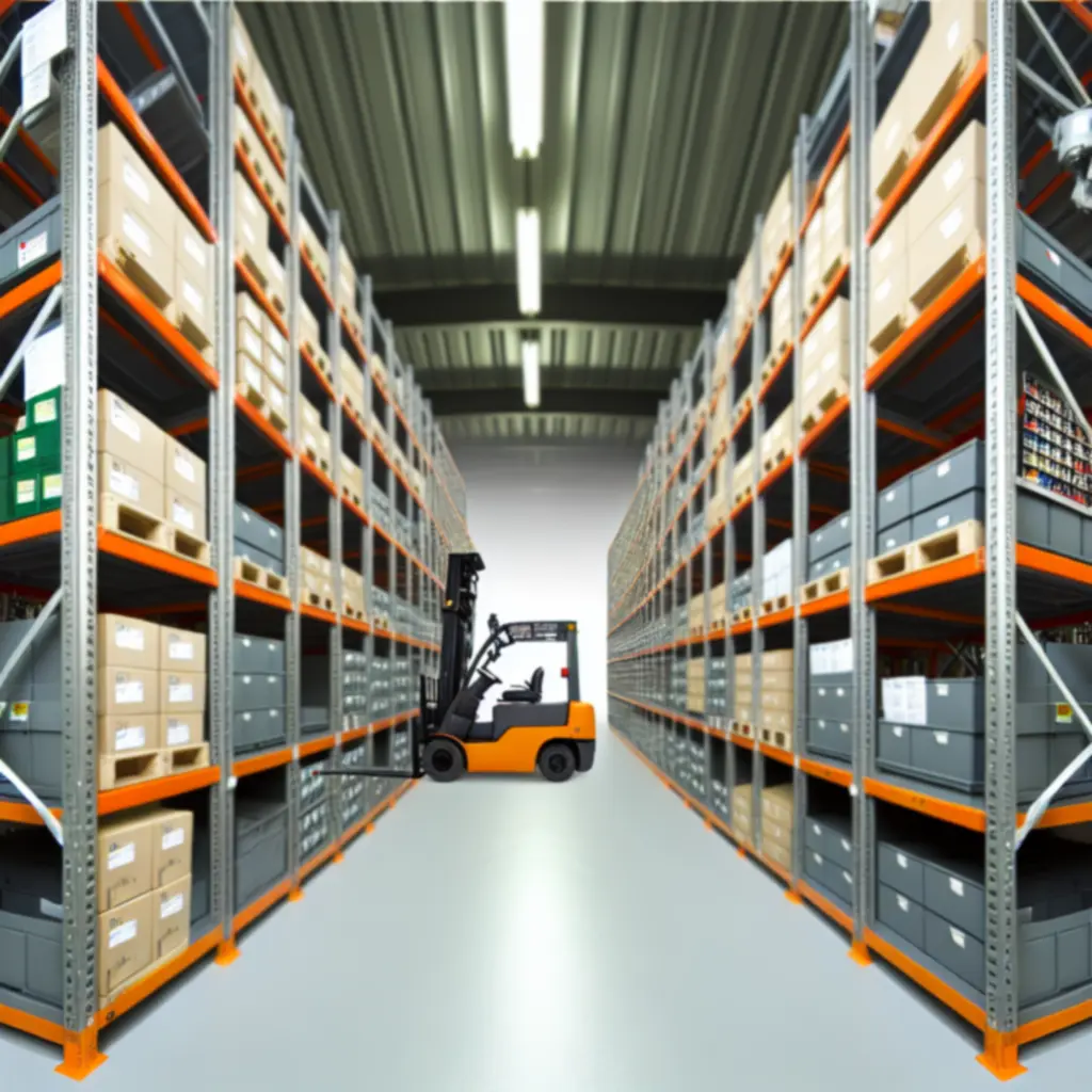 Nowoczesny magazyn części zamiennych z zorganizowanymi regałami przemysłowymi