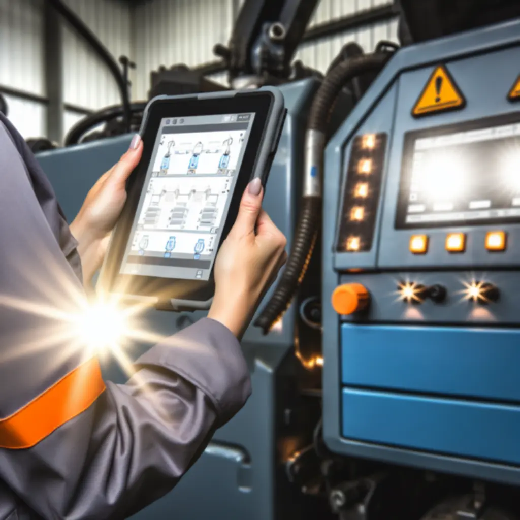 Technik przeprowadzający diagnostykę komputerową z tabletem